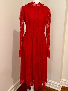 Elegant Erdem 'Simonetta' Red Lace Long Sleeve Midi Dress sz 8